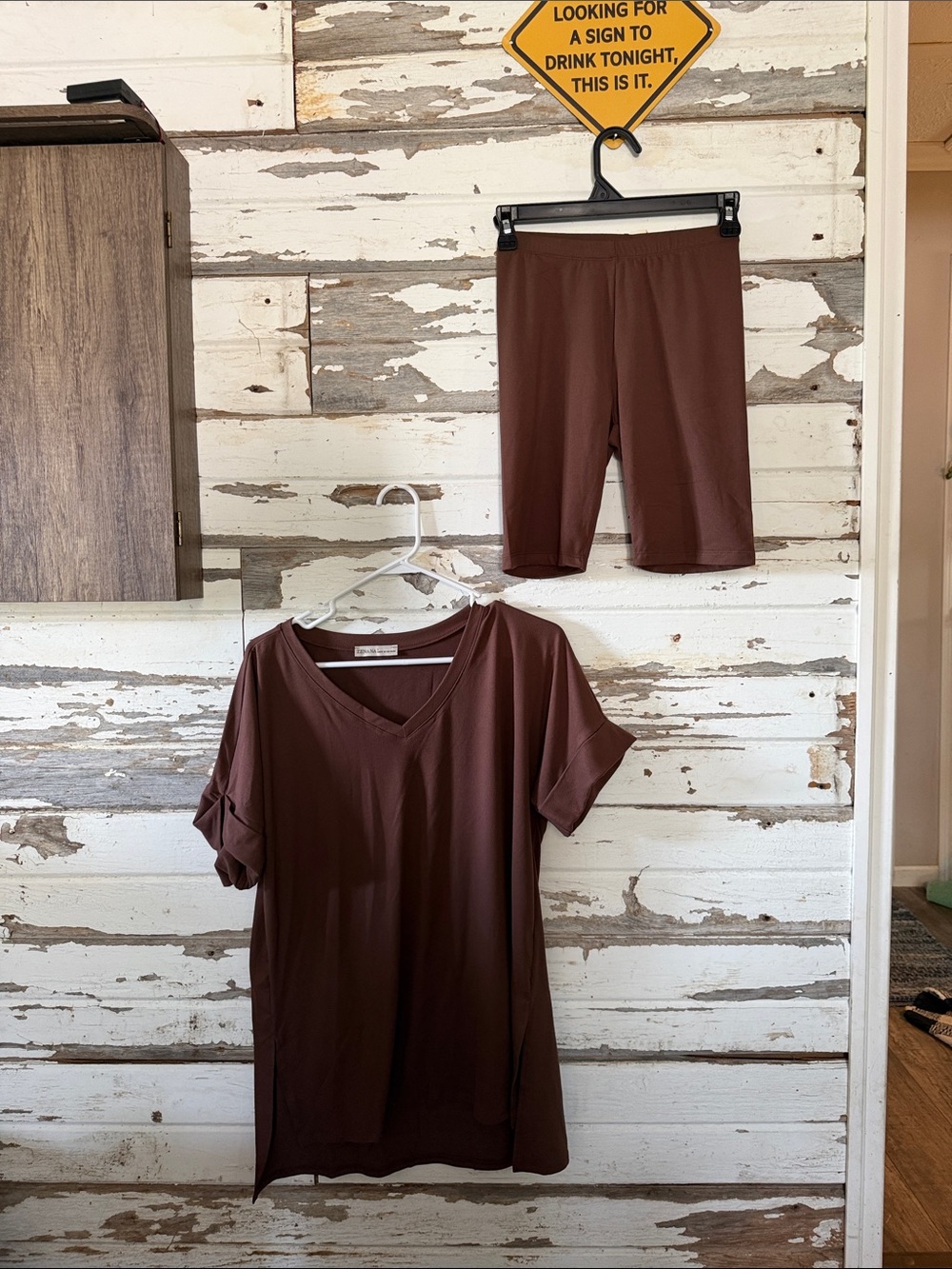 Zenana Outfitters Brown V-Neck Lounge Tee & Bike Shorts Set